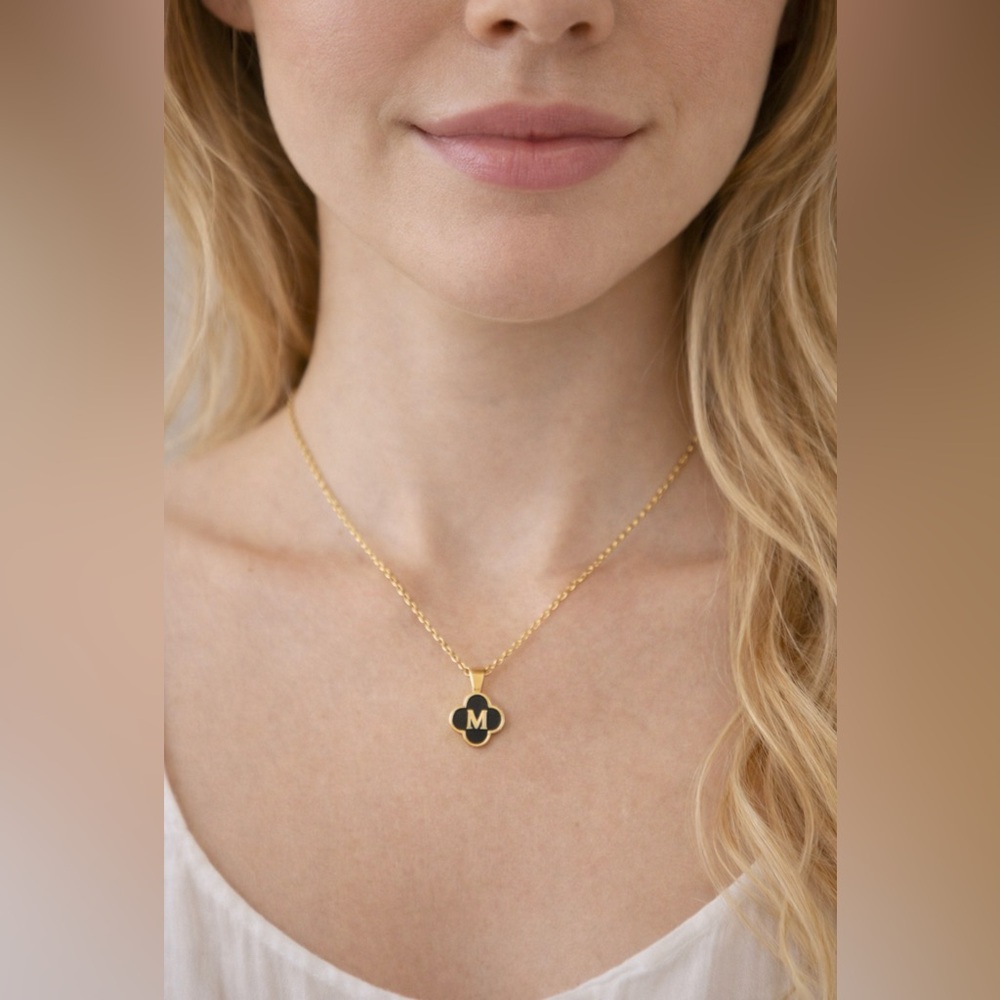 NEW Womens Stainless Steel Goldtone Black Clover Initial M Necklace 17.5"